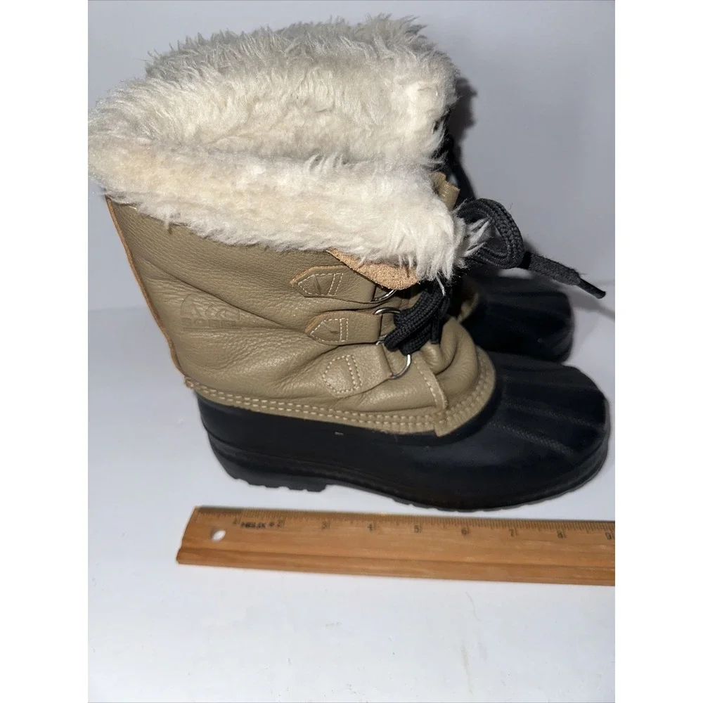 Duck Boots Sorel Ram Womens Tan Leather Black Rubber Duck Snow Rain Boots Size 3